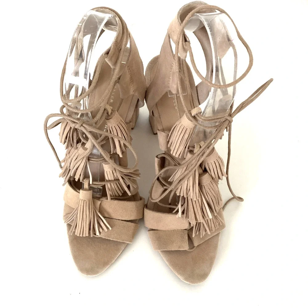 Loeffler Randall Sandal Luz Natural Tan Beige Tassel Lace Up Wraparound Open 8 B